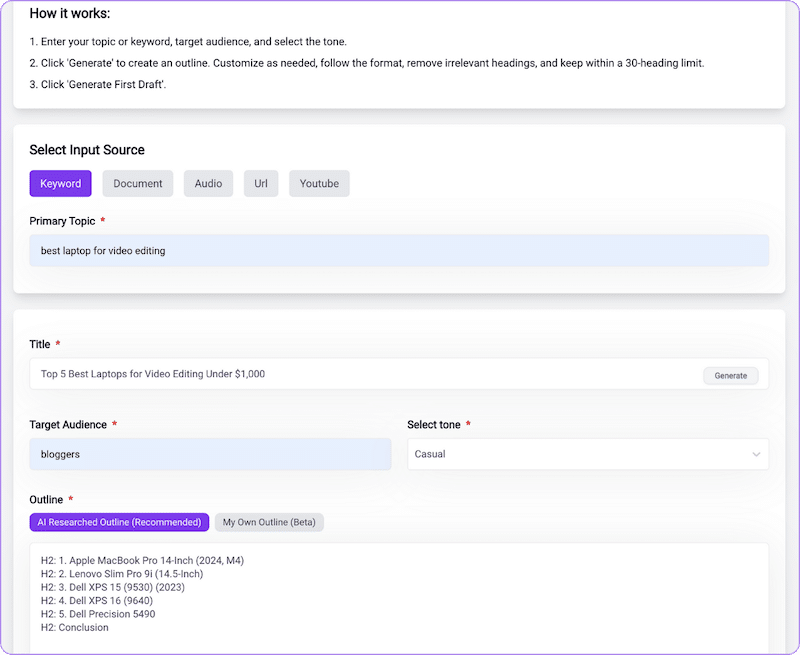 Bramework First Draft PRO form to start providing information for blog post generation